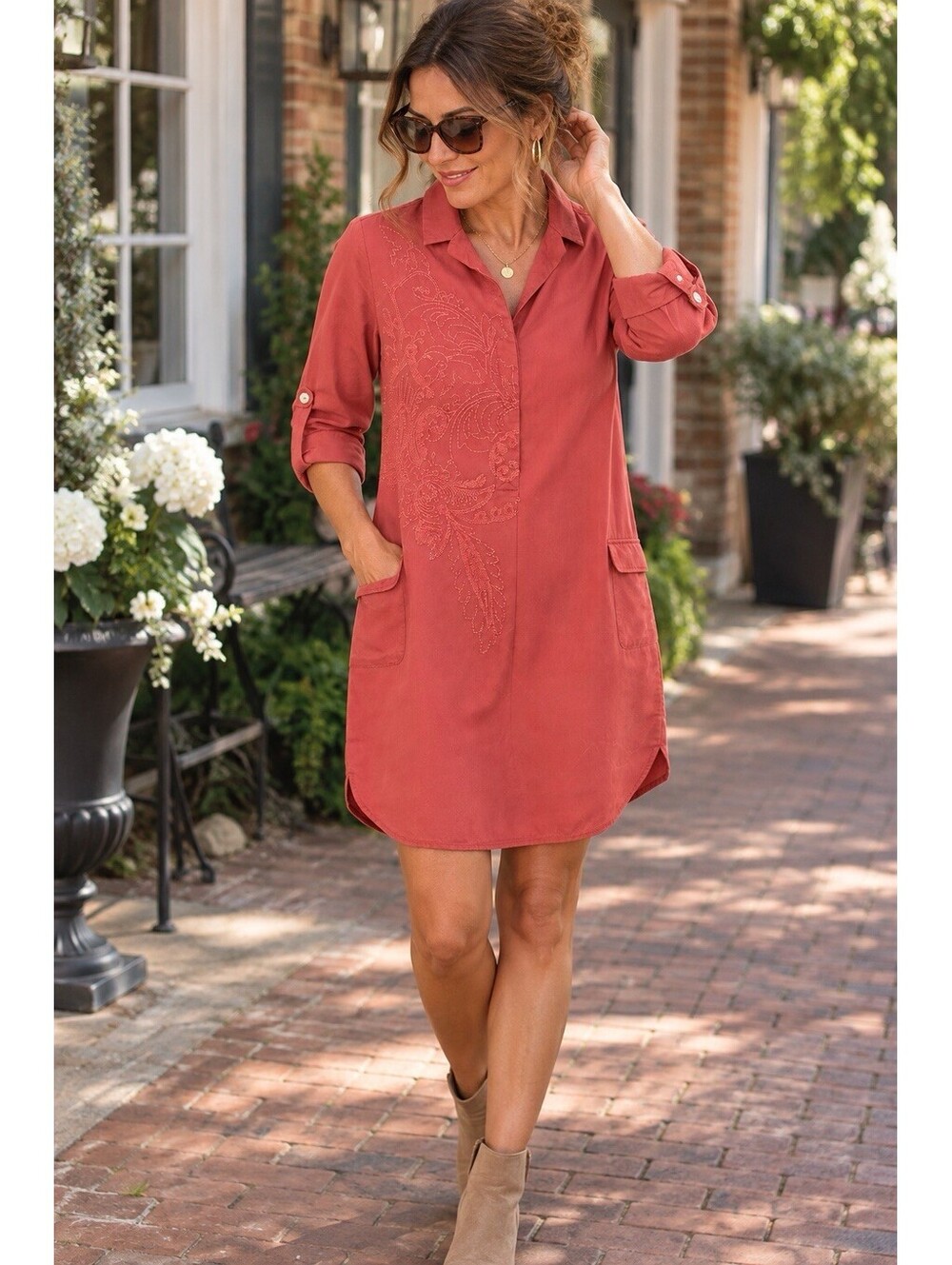 Soft Surroundings PXS Coral Tencel Embroidered Shirt Dress Roll Tab Pockets